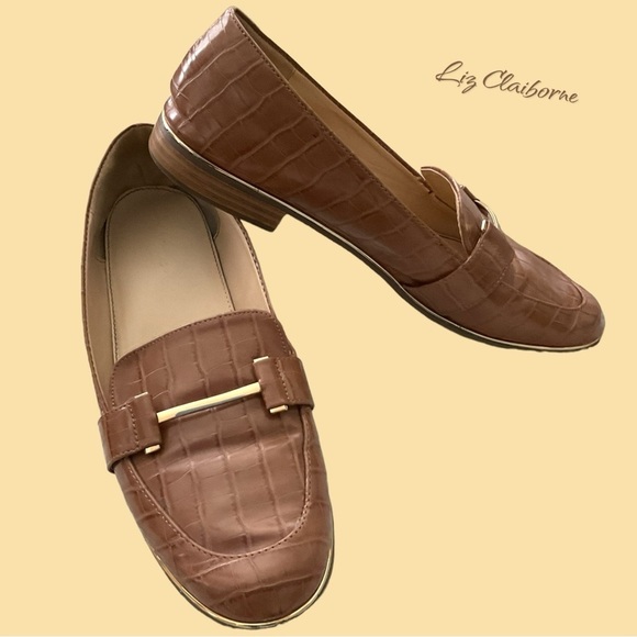 Liz Claiborne Brown Almond Toe Croc Slip On Loafer Shoe Size 10 - Picture 1 of 10